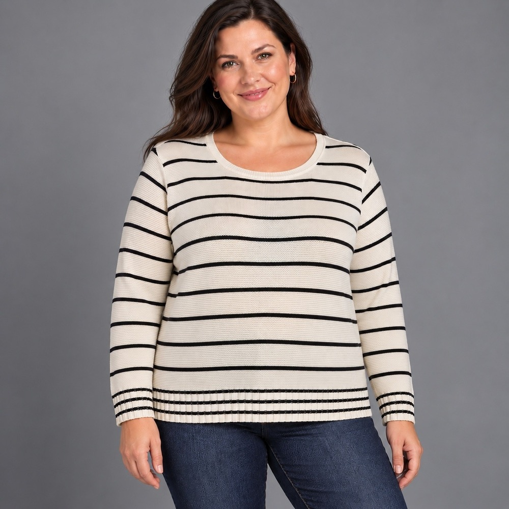 Talbots 2X Striped Cotton Cashmere Sweater Cream Black Long Sleeve Preppy French